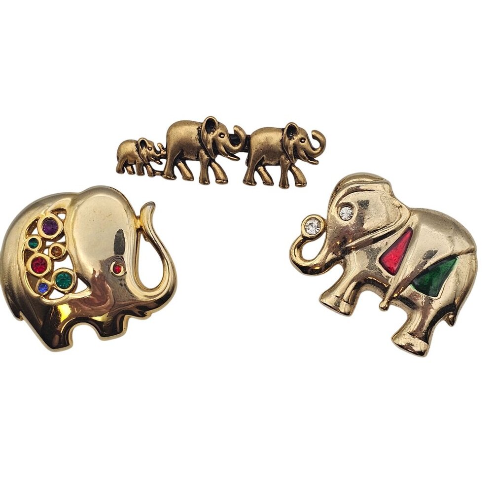 Elephant‎ 3pc Lot Set Brooches Gold Toned Rhinestone Figural Pin Safari Animals